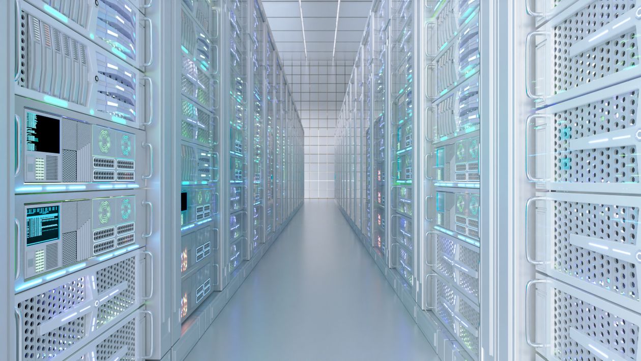 Rows of server racks in a data center aisle, the kind of infrastructure the Censys report scans