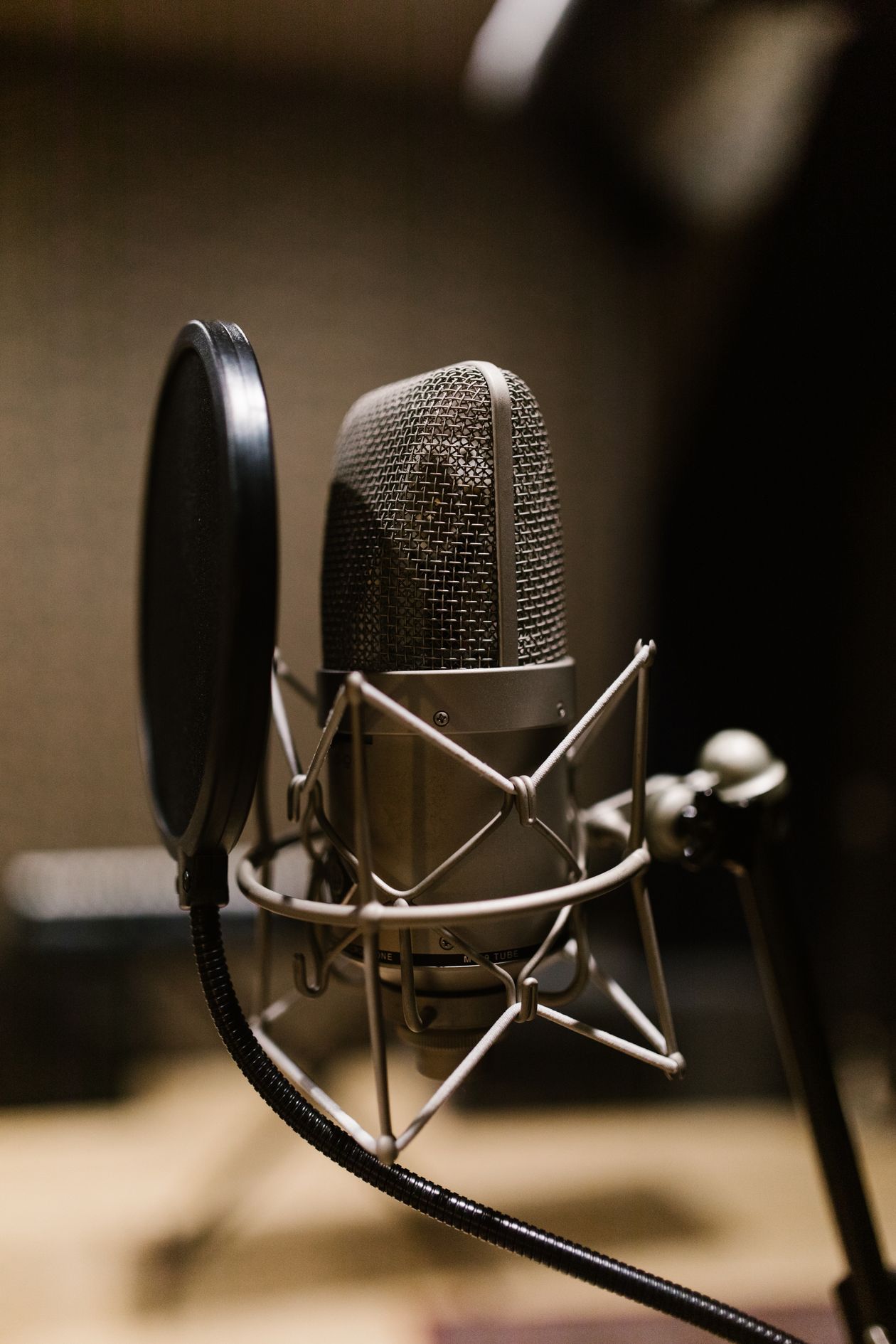 Condenser microphone on a studio desk, representing a local voice setup