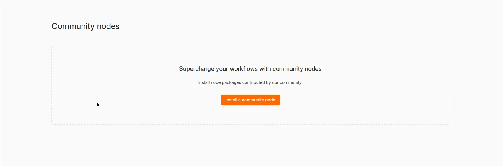n8n Settings page open on Community nodes, showing the empty state with an Install a community node button