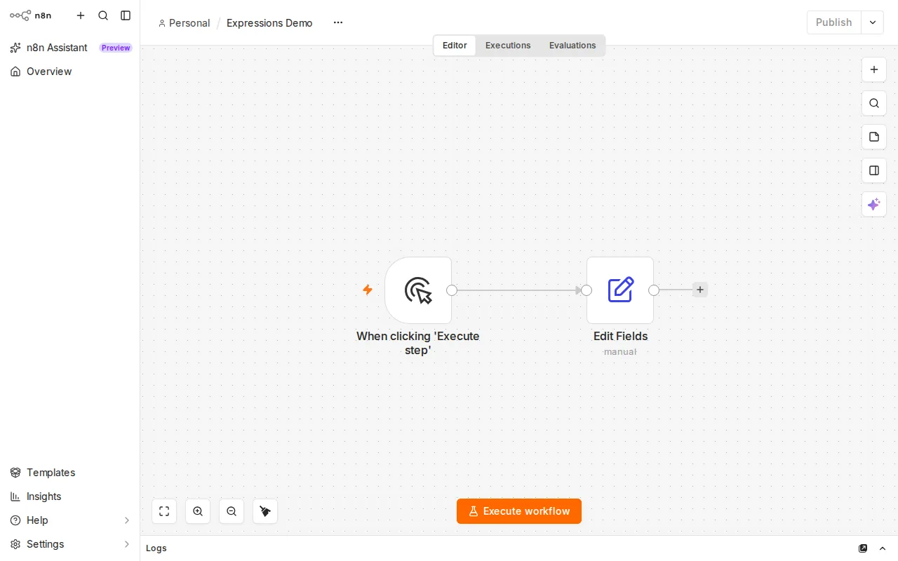 n8n workflow canvas with a Manual Trigger node connected to an Edit Fields node, where expressions are written
