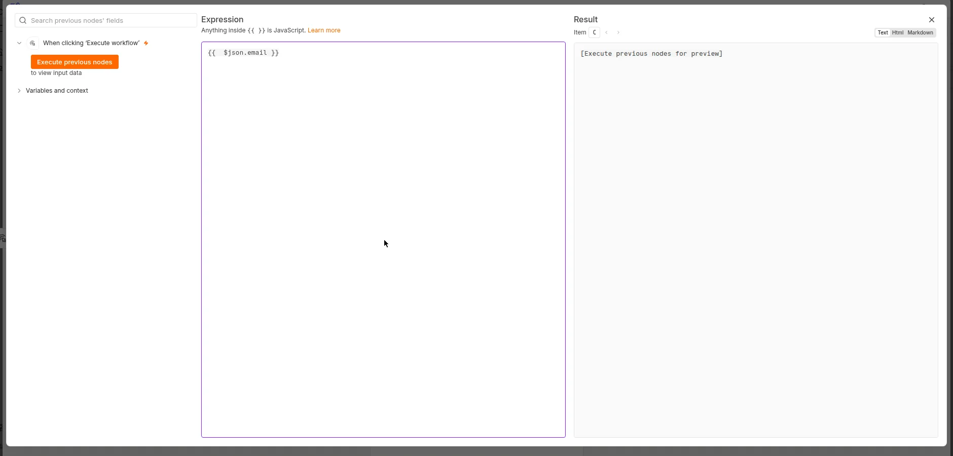 n8n expression editor showing {{ $json.email }} being typed in an Edit Fields node, with a live result preview panel on the right